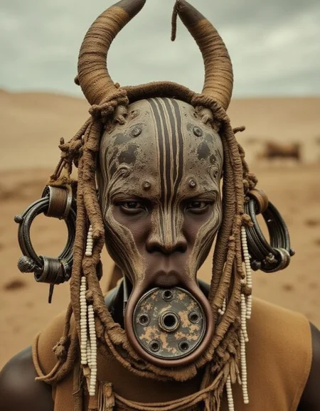 cybernetic robot cinematic still A futuristic murs1, half robot, half human with traditional murs1 decorations, robotic enhancements integrated into their body, intricate metallic details, cybernetic implants. Wearing large tribal earrings (plugs), an ornate lip plate, and adorned with traditional murs1 jewelry. Horns emerging from their augmented robotic head, blending tribal and futuristic styles. Set in the vast, arid Ethiopian desert with warm, sandy tones and a dramatic sky. A perfect fusion of ancient culture and futuristic technology, detailed and highly realistic.
<lora:mursi:1>
<lora:ARob-FLUX-3-CivitAI:1> ARob, cyborg, robot . emotional, harmonious, vignette, highly detailed, high budget, bokeh, cinemascope, moody, epic, gorgeous, film grain, grainy . android, AI, machine, metal, wires, tech, futuristic, highly detailed