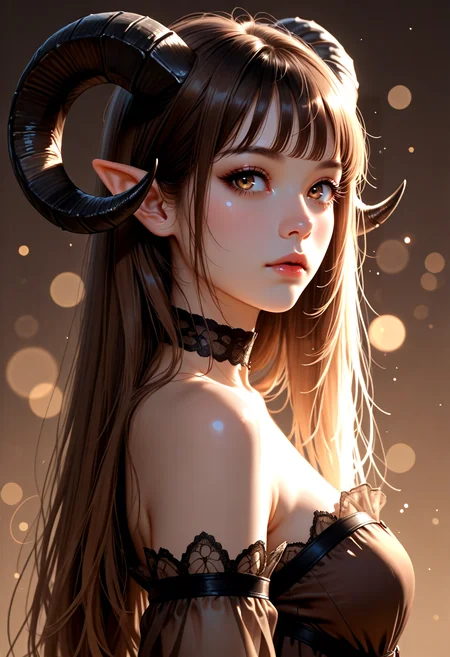 1girl, horns, solo, long hair, pointy ears, looking at viewer, brown hair, bare shoulders, , upper body, sheep horns, , light brown eyes, dress, choker, curled horns, straight hair, breasts,, detached sleeves, , brown dress, nose, from side, , , brown hair, , eyelashes, , see-through, hazel eyes, looking to the side, strapless dress, demon girl, light particles, brown background, bangs, , backlighting, gradient background, bokeh,