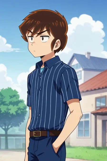 score_9, score_8_up, score_7_up,score_6_up,score_5_up,score_4_up,source_anime,BREAK, rating_safe, intricate details, , anime screencap, anime coloring, official style, depth of field,1boy, solo, male focus,<lora:ataru:0.82> ,ataru moroboshi,brown hair,dark brown eyes,short hair,hair between eyes,short hair, shirt, closed mouth, standing, short sleeves, outdoors, cowboy shot, sky, collared shirt, pants, day, belt,cloud, striped clothes,blue sky,Chill,Goofy,Nonchalant,Bored,expressionless,Wide-eyed,blue shirt, building, rope, vertical-striped clothes, jitome, striped shirt, blue pants, brown belt, house, vertical-striped shirt,from side , , , <lora:sdxl_lightning_8step_lora_315544:1>