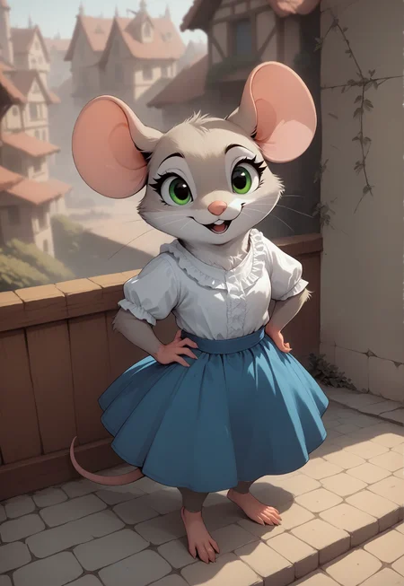 score_9, score_8_up, score_7_up, score_6_up, score_5_up, score_4_up, m0use_goldie, cute, feral, mouse, female, grey fur, green eyes, white frilly shirt, blue skirt, , from above, high-angle view, from front, front view, outdoors, mansion, hand on hip, (open mouth:0.7), 