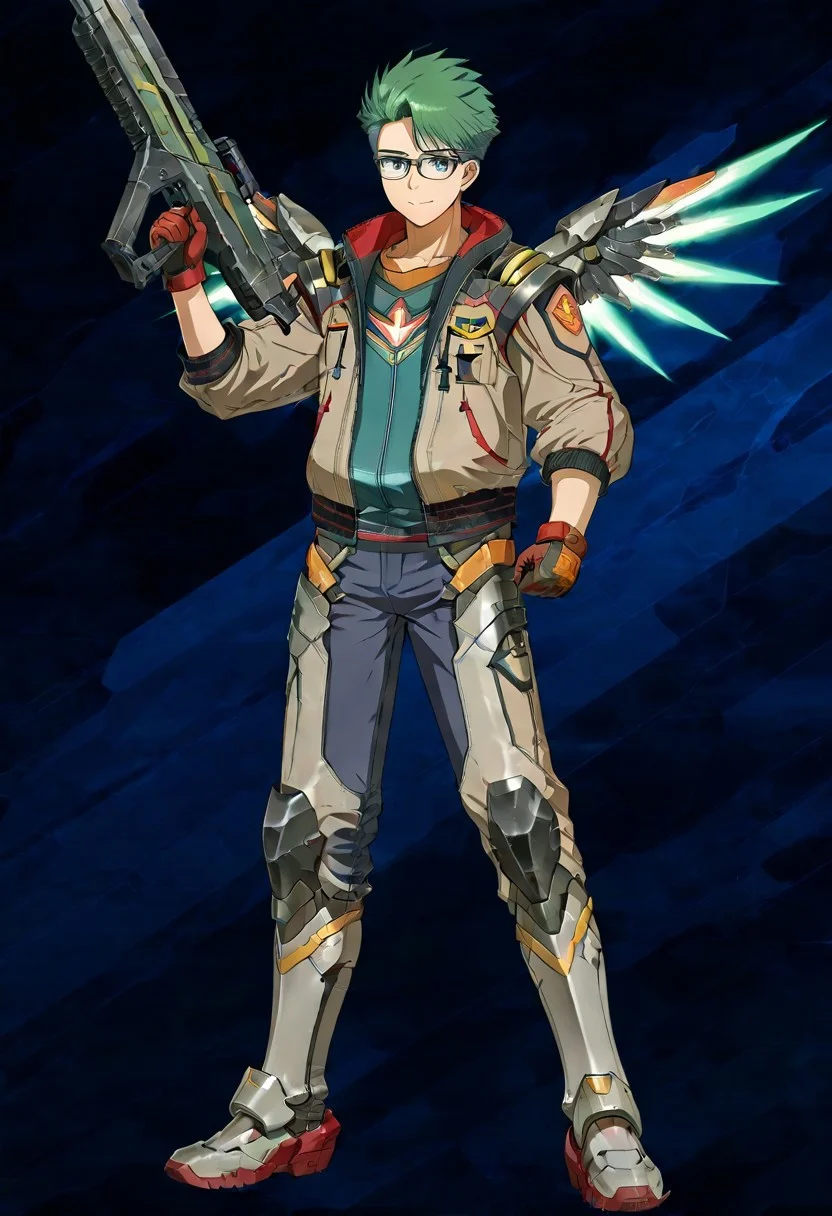 gb4_tao, green hair, short hair, grey eyes, 1boy, solo, male focus, glasses, lean body, wear mecha armor with eagle mecha wings, purple mecha armor theme, fly toward the viewer, fight pose, high quality, armaments equipped in the armor, score_9, futuristic city in the background, BREAK, his right hand is holding beam rifle, high quality, best quality, masterpiece, detailed draw,detailed eyes, detailed face