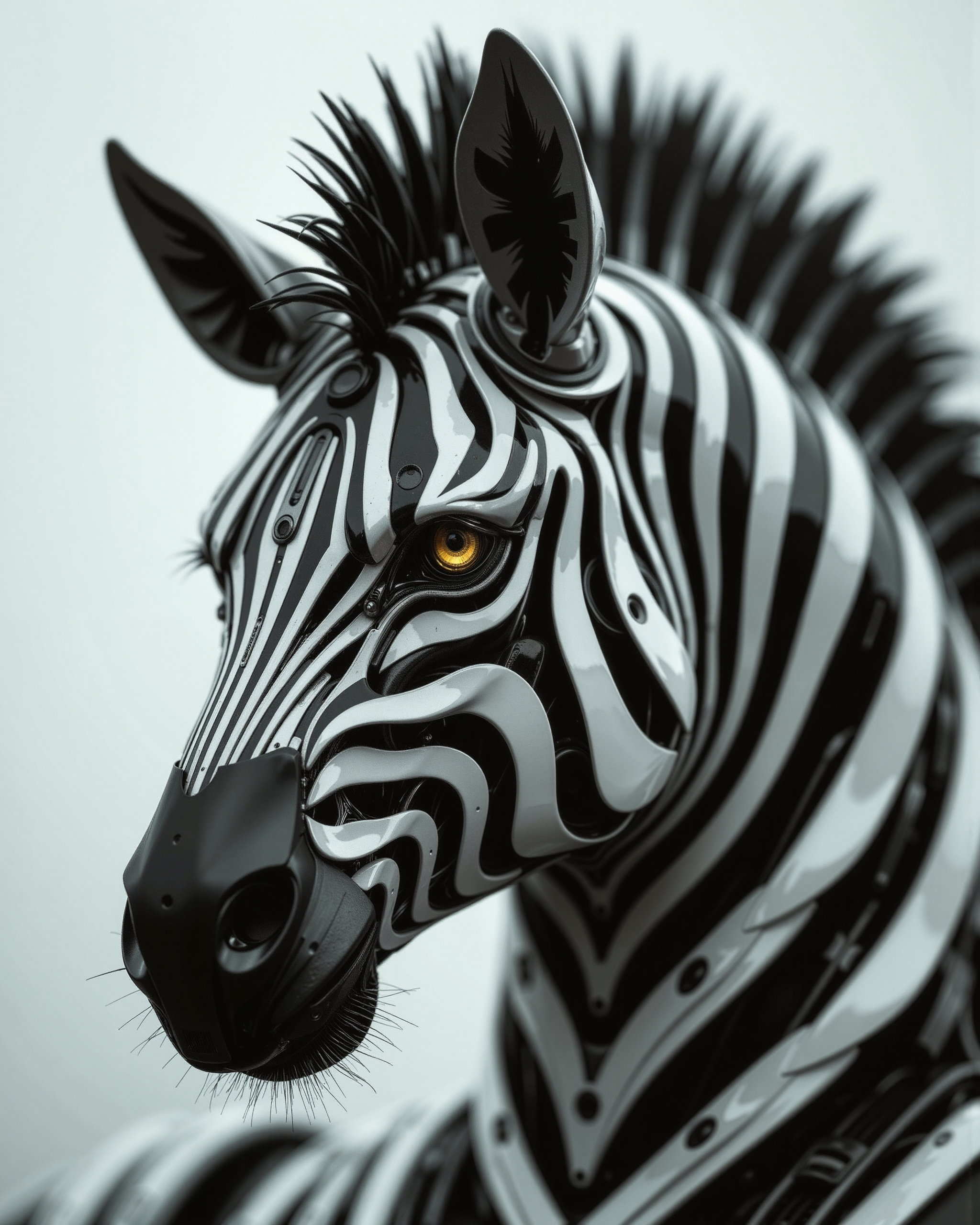 A highly detailed, high-quality image in the style of ckrcc, close up of a robotic zebra's head, yellow eyes, black and white striped head, transformers inspired,