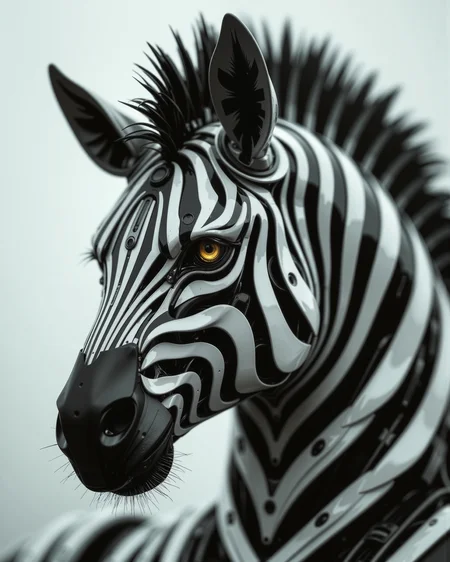 A highly detailed, high-quality image in the style of ckrcc, close up of a robotic zebra's head, yellow eyes, black and white striped head, transformers inspired,