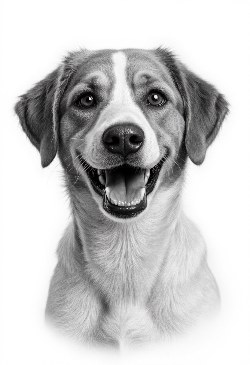 photorealistic black and white pencil drawing of a happy dog, detailed fur, wet reflecting nose, neutral white background <lora:hyperrealism-000103:1>