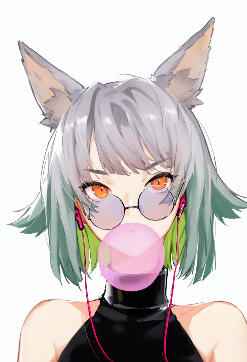 1girl, solo, chewing gum, round eyewear, bubble blowing, earphones, animal ears, short hair, looking at viewer, glasses, orange eyes, white background, bare shoulders, simple background, earbuds, multicolored hair, grey hair, green hair, bangs, sleeveless, turtleneck, upper body <lora:solaXL_NBVP1_lokr_V6311PZ:0.95>