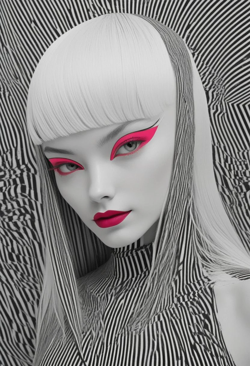 Bw-grignani, Closeup Portrait, An Abstract surreal n Abstract surreal colorful simple painted newage cyborg spacegirl with long vibrant hair throughout the frame, high collar, blushed smiling, neon-pastel Blood fountain in Outer space, made of lines, vertical lines, horizontal lines, Portrait Made of intertwining lines, weaving over and under each other throughout the frame, emphasis effect, moire effect, awash in colorful shades, seamlessly extends the lines