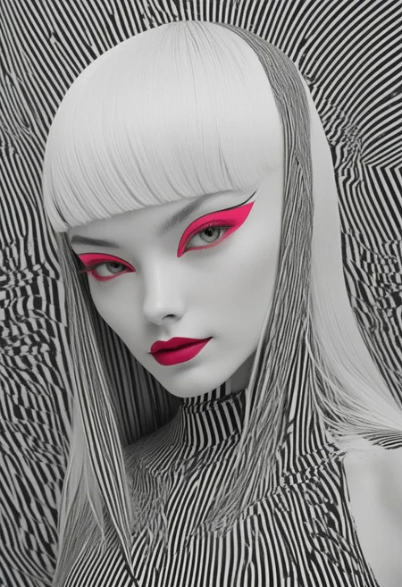 Bw-grignani, Closeup Portrait, An Abstract surreal n Abstract surreal colorful simple painted newage cyborg spacegirl with long vibrant hair throughout the frame, high collar, blushed smiling, neon-pastel Blood fountain in Outer space, made of lines, vertical lines, horizontal lines, Portrait Made of intertwining lines, weaving over and under each other throughout the frame, emphasis effect, moire effect, awash in colorful shades, seamlessly extends the lines
