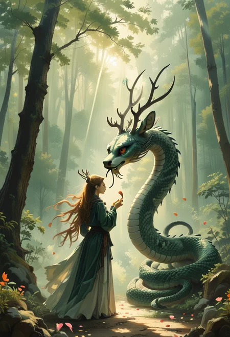 score_9, score_8_up, score_7_up, score_6_up, BREAK
chnake, snake, solo, outdoors, tree, petals, no humans, animal, sunlight, nature, scenery, forest, light rays, antlers, deer