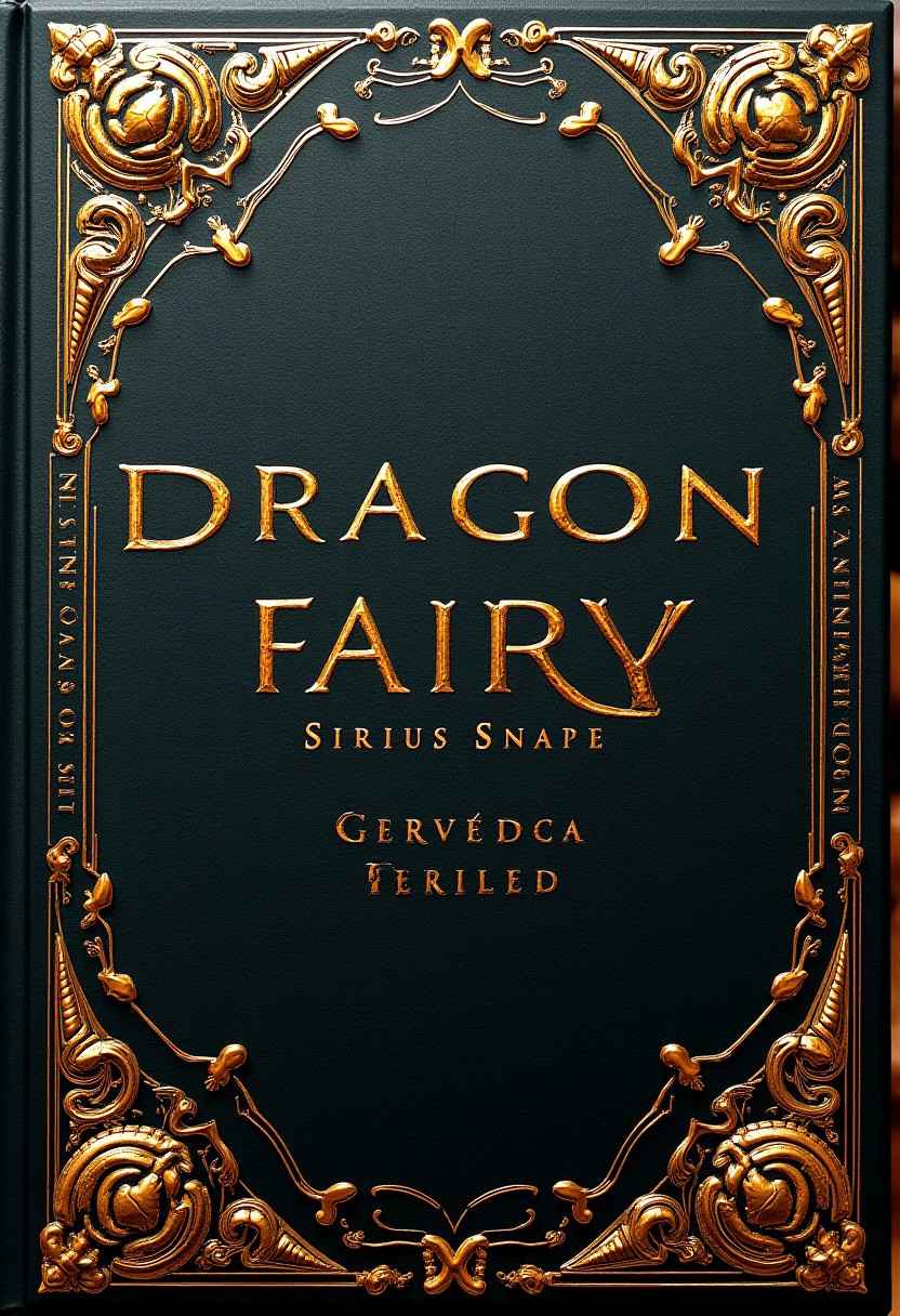 the book cover, nam of book is Dragon Fairy, name of book is center on the cover, author of book is Sirius Snape, name of author of book is under name of book, gold ornaments on cover, shiny ornaments, fantasy book cover, thick book, high quality, masterpiece, 8K