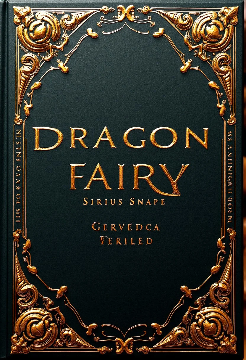 the book cover, nam of book is Dragon Fairy, name of book is center on the cover, author of book is Sirius Snape, name of author of book is under name of book, gold ornaments on cover, shiny ornaments, fantasy book cover, thick book, high quality, masterpiece, 8K