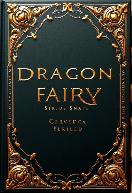 the book cover, nam of book is Dragon Fairy, name of book is center on the cover, author of book is Sirius Snape, name of author of book is under name of book, gold ornaments on cover, shiny ornaments, fantasy book cover, thick book, high quality, masterpiece, 8K