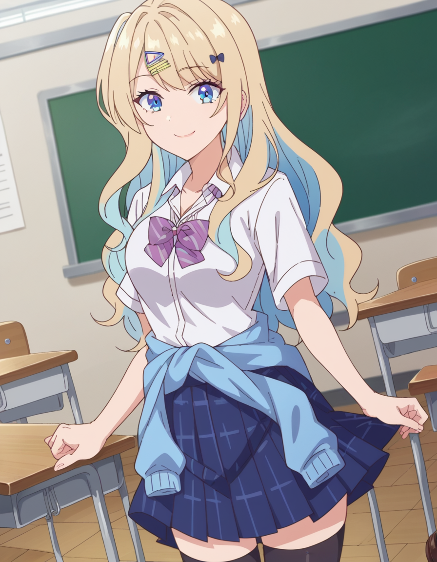 score_9, score_8_up, score_7_up, source_anime,
lunashirakawa, <lora:luna-shirakawa-s1-ponyxl-lora-nochekaiser:1>,
luna shirakawa, long hair, blue eyes, blonde hair, hair ornament, bow, multicolored hair, hairclip,
skirt, shirt, thighhighs, bow, school uniform, white shirt, pleated skirt, shoes, black thighhighs, bowtie, blue skirt, plaid, plaid skirt, loafers, purple bow, clothes around waist, gyaru, purple bowtie,
indoors, classroom, smile,
looking at viewer, dutch angle, cowboy shot,