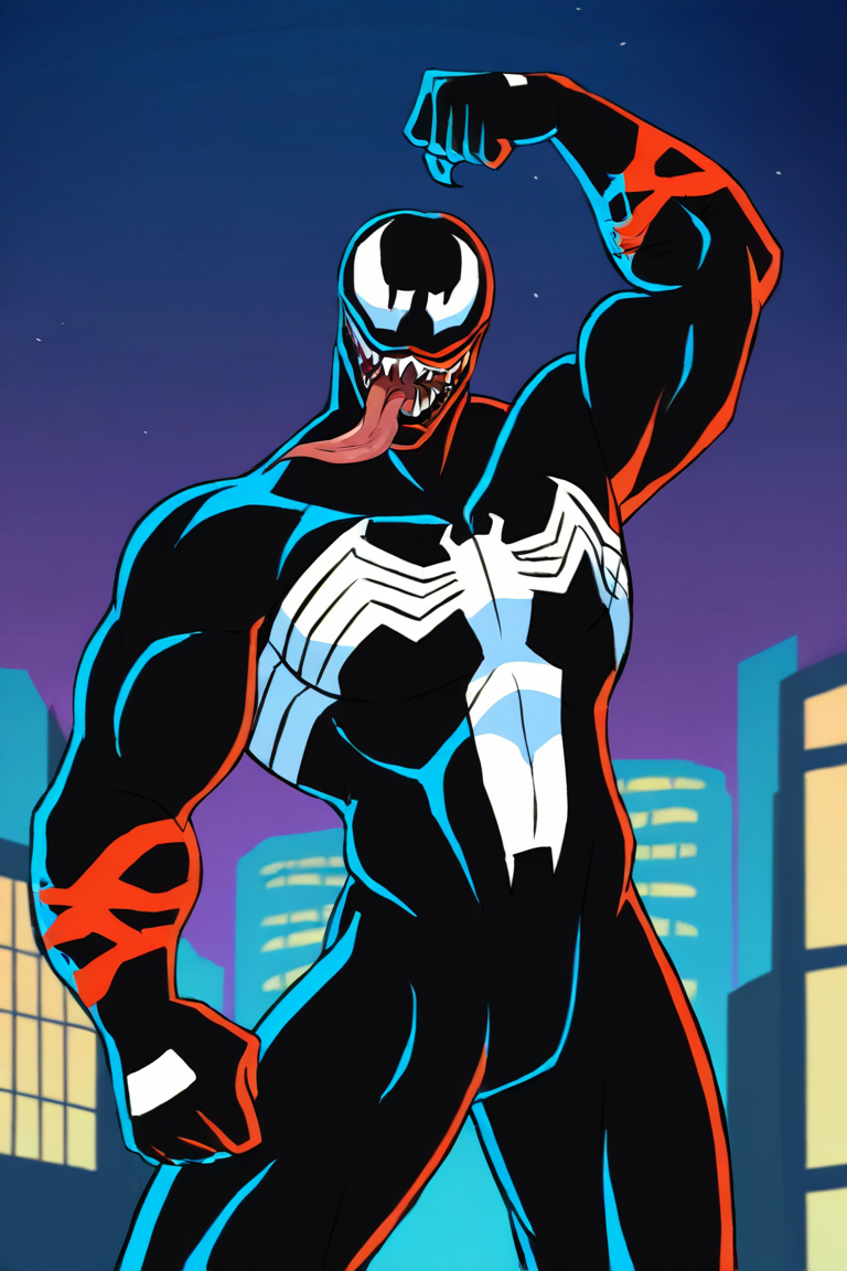 masterpiece, best quality, highres, newest, venom, 1boy, solo, male focus, muscular male, monster boy, symbiote, spider print, bodysuit, black bodysuit, slit pupils, open mouth, teeth, sharp teeth, tongue, tongue out, looking at viewer, flexing, standing, cowboy shot, outdoors, city, building, night, night sky <lora:Venom (Eddie Brock) Spider-Man TAS v1.2 [LoRA] - NoobAI-XL EPS 1.0:0.8>