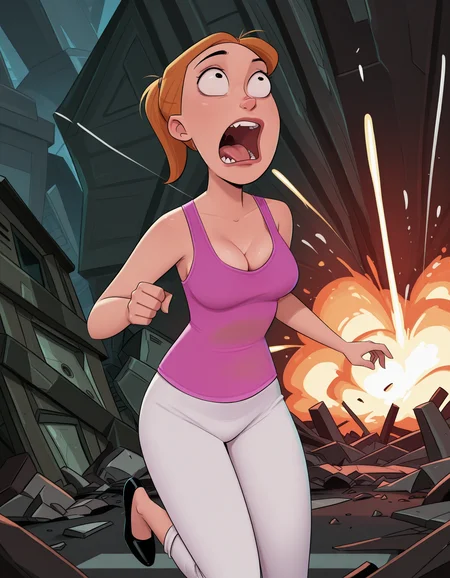 girl running, fleeing for her life, screaming, scared, open mouth, tongue, science fiction, explosion, rubble, wreckage,
best quality, highres, score_9, score_8_up, score_7_up, score_6_up, <lora:JMoxComix_style-12:1> JmoxComic,,
<lora:Summer_Smith_-_Rick_and_Morty_-_IL:1> rnm_summersmith, 1girl, solo, orange hair, ponytail, pink tank top, medium breasts, cleavage, white capri pants, black slip-on shoes
