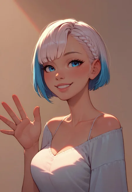 safe_pos, (score_9, score_8_up, score_7_up, score_6_up, score_5_up, score_4_up), source_cartoon, 1girl, sexy, pose, dynamic angle, sexy, multicolored hair, streaked hair blue, white hair color, blue eyes, short hair, long side bangs, smile, solo, upper body, waving
