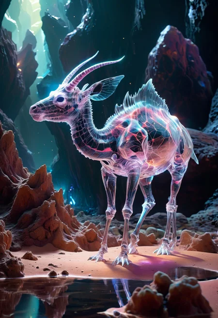 white desert oasis, salty earth, hyper detailed,  rusty, striking, animalistic, bite-sized, by Floris van Schooten  and by richard avedon, famous artwork inspired by (beeple:1.3) and (cliff nielsen:1.4), crystalline, fractal art, fantasy style, this peculiar life form, the "inquisitive plerkblortz" hides in the gnarling dense crystal jungles of the puffalorpled exoplanet "gazorpazorp secundus", covered in a metallic exoskeleton it ambushes its prey with (long crystalline appendages:1.4), dark, shadows, black, shadow hues, highly artistic, highly painterly, harmonic colors, expressive, ultimate aesthetic level, visible brushstrokes, masterclass artistry, vibrant energy, apocalyptic mood, atmospheric haze and dense fog, strong winds,  highly aesthetic, otherworldly, limited palette,  faded colors, washed out colors, extremely dark, extremely low key lighting, dark shadows, perfect composition, full panoramic shot translucent, transparent, glowneon, glowing, sparks, lightning
