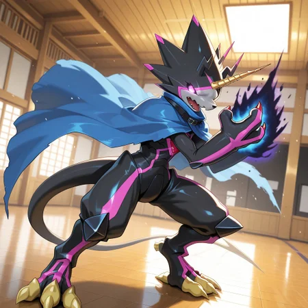 gulusgammamon, digimon (creature), no pupils, claws, glowing eyes, BREAK
solo:1.4, furry, shiny, fighter stance, open mouth:1.5, black_fire, black_aura, BREAK
indoors, dojo, BREAK
masterpiece, best quality, dutch angle:1.6