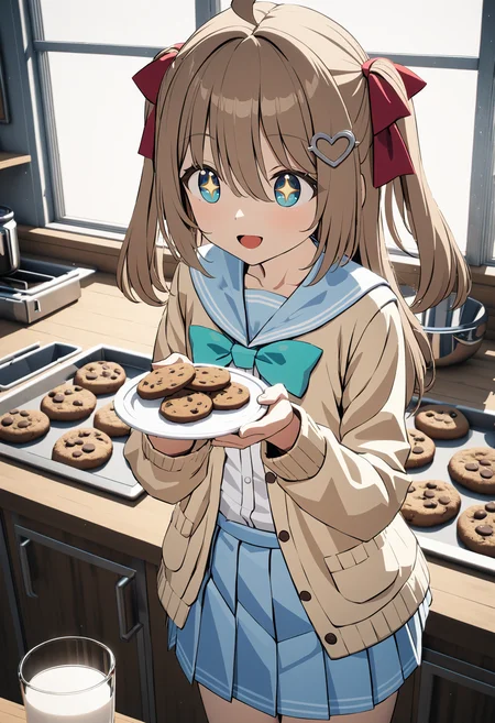 1girl, neuro-sama, (himeyamato:1.22), anime, cowboy shot, +_+, blue eyes, aqua bow, yellow cardigan, open cardigan, blue sailor collar, blue skirt, pleated skirt, turtle, open mouth, red ribbon, hair ribbon, two side up, heart hair ornament, long sleeves, ahoge, light brown hair, holding cookie, pov, glass of milk on a counter, chocolate chip cookie, natural lighting, (masterpiece, best quality), detailed scenery, (3d render:0.3), highly detailed, finely detailed, happy smile, <lora:neurosama_animaginexl_3-15:0.7>
