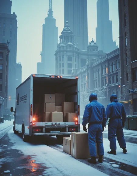 Cinematic scene of a dystopian cityscape with skyscrapers, industrial vibes, cloudy sky, snow on the ground, semi futuristic delivery truck parked, truck's back door is opened full with boxes, garage door opened, unloading boxes, men in blue unform holding box in hand
luxurious and art deco while yet dystopian.
<lora:80s_Fantasy_Movie:1> ArsMovieStill, 80s Fantasy Movie Still