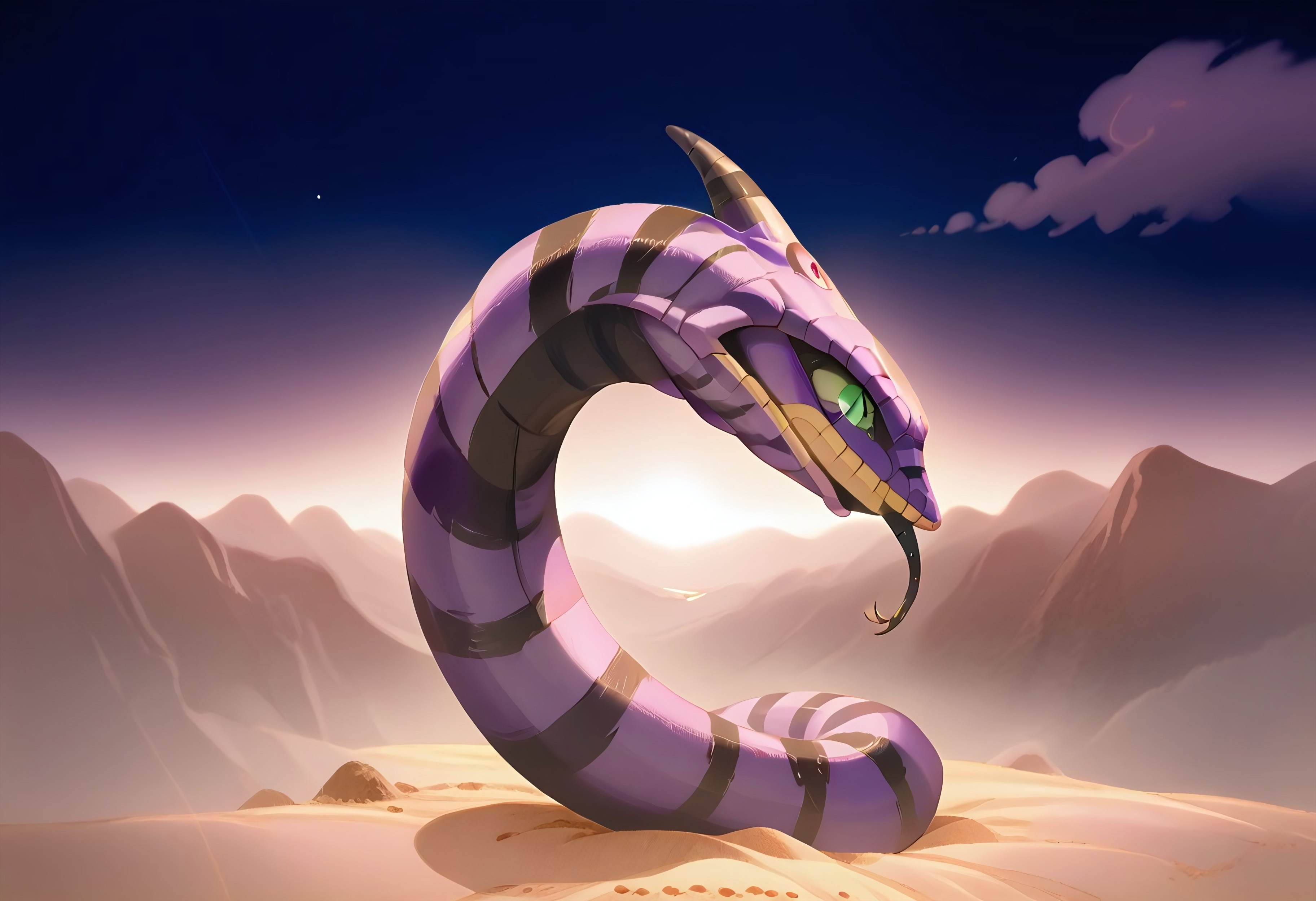 score_9, score_8_up, score_7_up, score_6_up, score_5_up, score_4_up, sandworm, source_sandworm_kawaii, (snake, slit pupils, green eyes, purple body, body markings, black eye markings, 2 pair of horns, black belly scales, forked tongue, sammie the sandworm) emerging from alien desert, surreal sandy landscape, under starry sky, (Saturn) in the dark sky, chiaroscuro, low-key lighting, ((no humans))