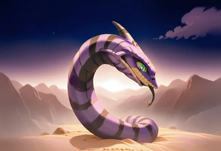 score_9, score_8_up, score_7_up, score_6_up, score_5_up, score_4_up, sandworm, source_sandworm_kawaii, (snake, slit pupils, green eyes, purple body, body markings, black eye markings, 2 pair of horns, black belly scales, forked tongue, sammie the sandworm) emerging from alien desert, surreal sandy landscape, under starry sky, (Saturn) in the dark sky, chiaroscuro, low-key lighting, ((no humans))