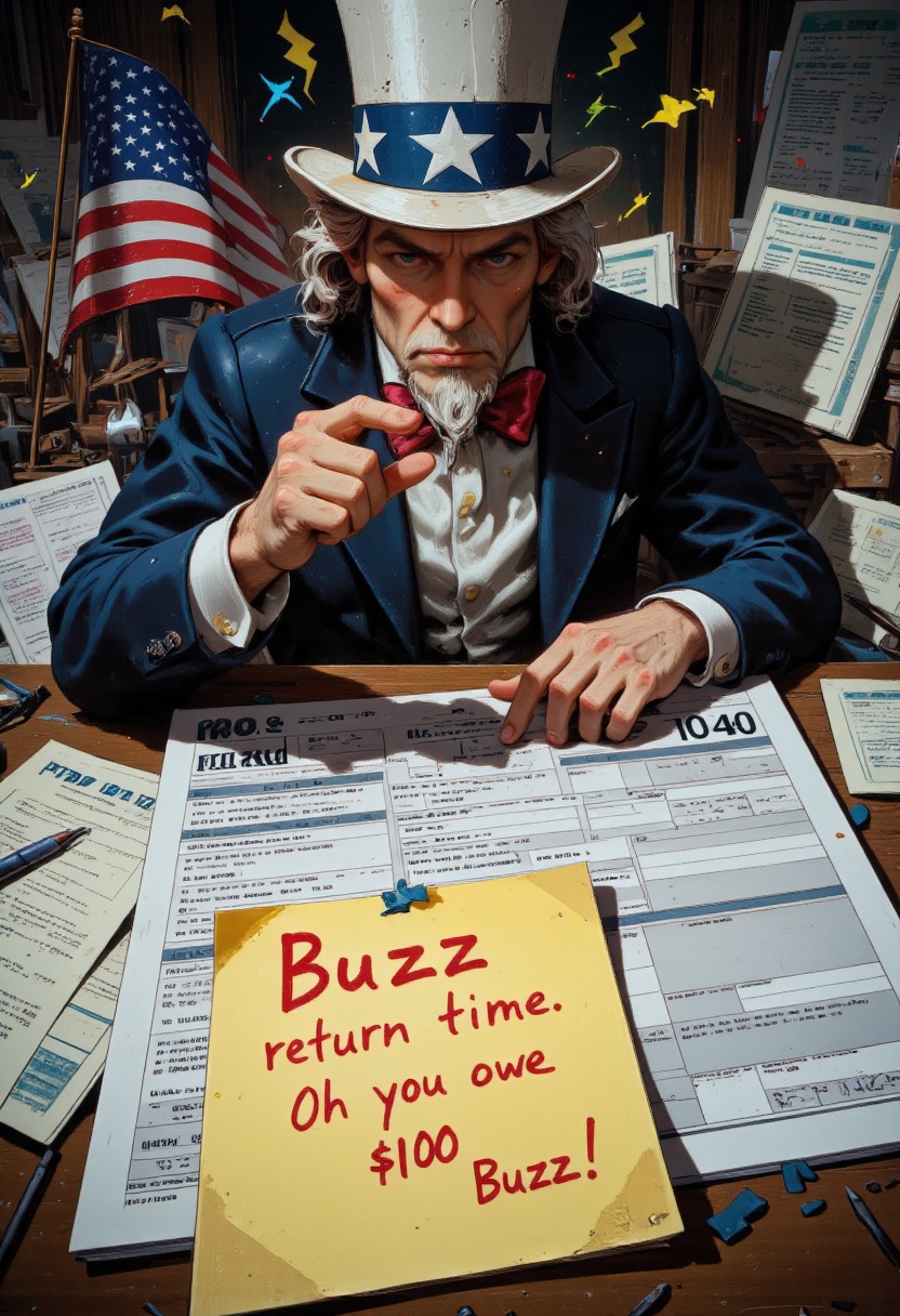A realistic Uncle Sam figurine holding an American flag in one hand and several little yellow or blue lightning symbols in the other. He has a stern, serious expression, pointing directly at the viewer. In front of him, a large U.S. tax return document (Form 1040) is prominently displayed. A bright yellow sticky note is attached to the tax document with bold, handwritten red and black text that reads: 'Buzz return time. Oh no you owe 100 Buzz!' The background is slightly blurred with financial documents, evoking a sense of urgency. High detail, sharp focus, well-lit, vibrant colors, realistic textures, and crisp edges.