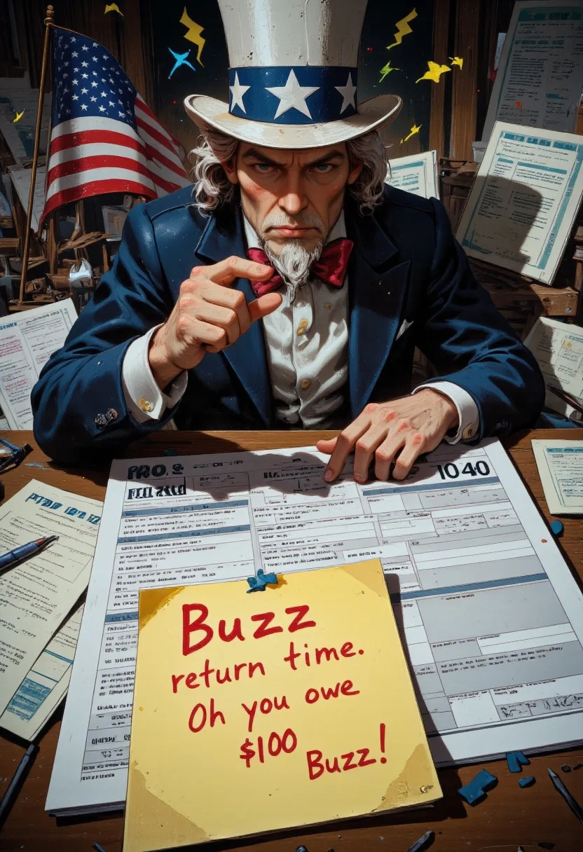 A realistic Uncle Sam figurine holding an American flag in one hand and several little yellow or blue lightning symbols in the other. He has a stern, serious expression, pointing directly at the viewer. In front of him, a large U.S. tax return document (Form 1040) is prominently displayed. A bright yellow sticky note is attached to the tax document with bold, handwritten red and black text that reads: 'Buzz return time. Oh no you owe 100 Buzz!' The background is slightly blurred with financial documents, evoking a sense of urgency. High detail, sharp focus, well-lit, vibrant colors, realistic textures, and crisp edges.