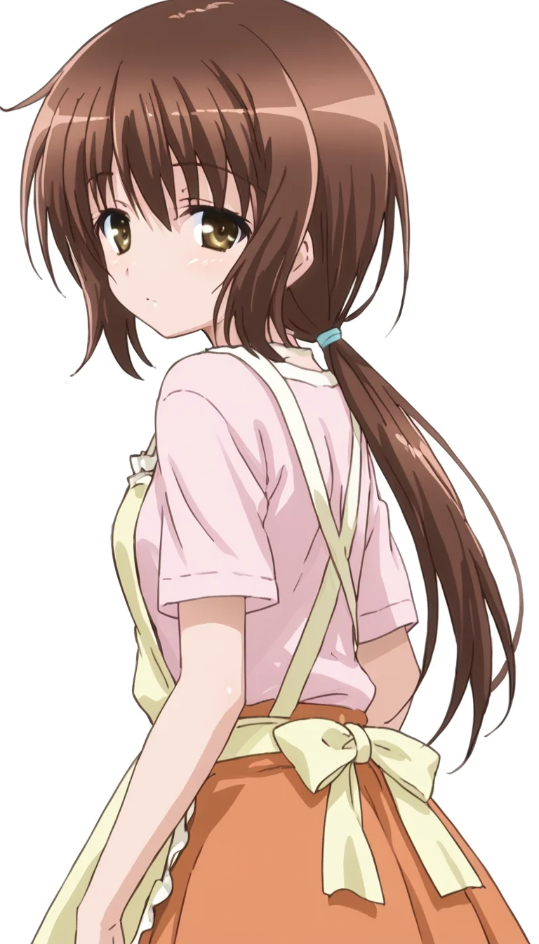 nayuhasegawa,1girl,brown hair,apron,shirt,looking at viewer,low ponytail,orange skirt,white background,looking back,<lora:Nayu_Hasegawa-000010>,