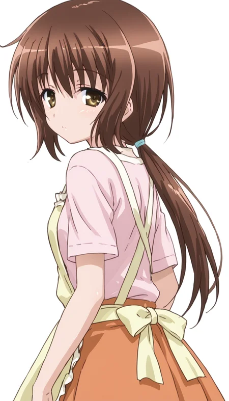nayuhasegawa,1girl,brown hair,apron,shirt,looking at viewer,low ponytail,orange skirt,white background,looking back,<lora:Nayu_Hasegawa-000010>,
