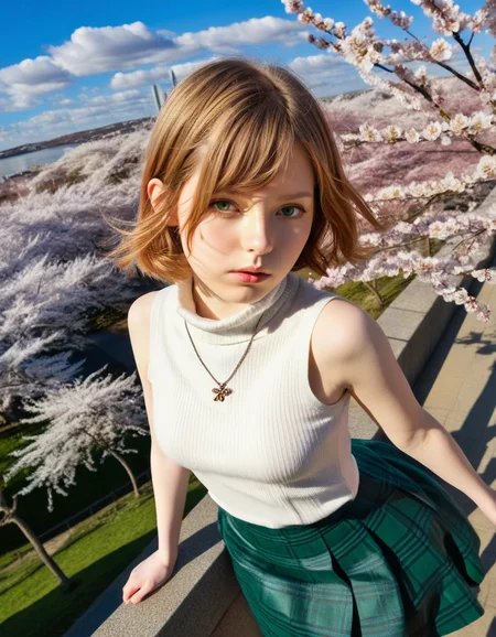 HDR photo of photo, from above,  portrait of  (ellfrya:1.2), si, curious,  looking at viewer,  <lora:Ella_Freya_v1_biglust:1>,  white sleeveless turtleneck, green skirt, wind, cherry blossoms,  <lora:Dramatic Lighting Slider:2>, outdoors, blue sky, clouds,  scenery,, score_9, score_8_up, score_7_up, . High dynamic range, vivid, rich details, clear shadows and highlights, realistic, intense, enhanced contrast, highly detailed
