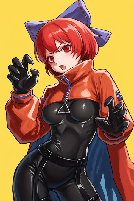 score_9, score_7_up, yellow background, looking at viewer, open mouth
BREAK
1girl, sekibanki, medium breasts, rocknbeat, red hair, red eyes, hair bow, black bodysuit, black gloves, two-tone cape, jacket, long sleeves
<lora:sekibanki:1> <lora:envenomist_1:1>