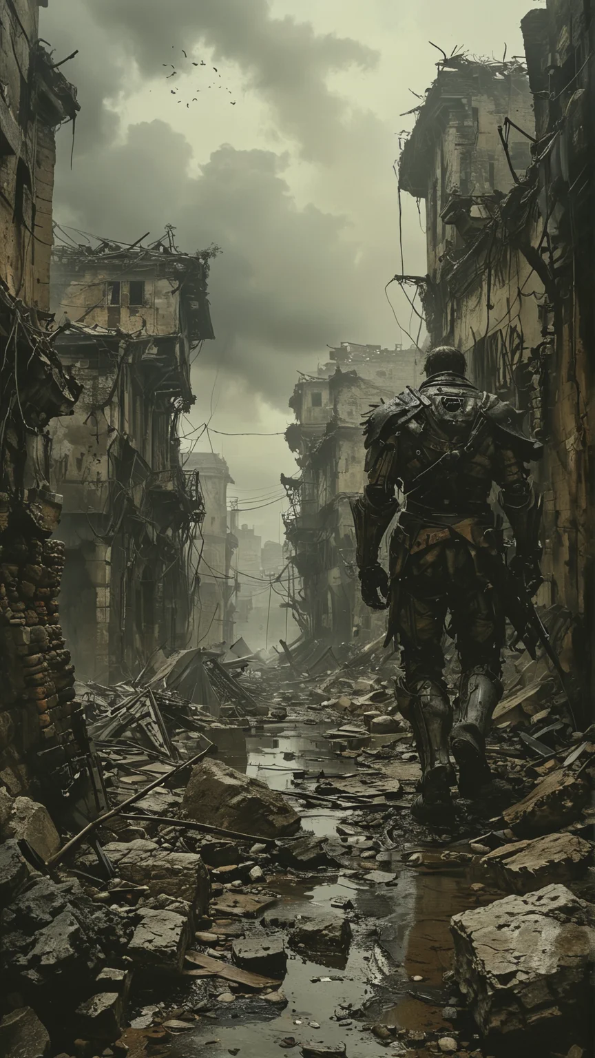 Dark fantasy style background inspired by Attack on Titan. A colossal, walled city stands in ruins, with massive walls towering over crumbling buildings and deserted streets. The sky is overcast with dark, ominous clouds. Giant humanoid figures, partially obscured by shadows, loom in the distance, adding a sense of impending doom. The landscape is scarred with destruction, with remnants of battles evident in the broken structures and scattered debris. The overall atmosphere is bleak and foreboding, filled with a sense of dread and despair
<lora:add-detail-xl:2> <lora:MJ52:0.5> <lora:ink-style_A3.1_XL:0.66> (ink-style, ink_wash_painting)