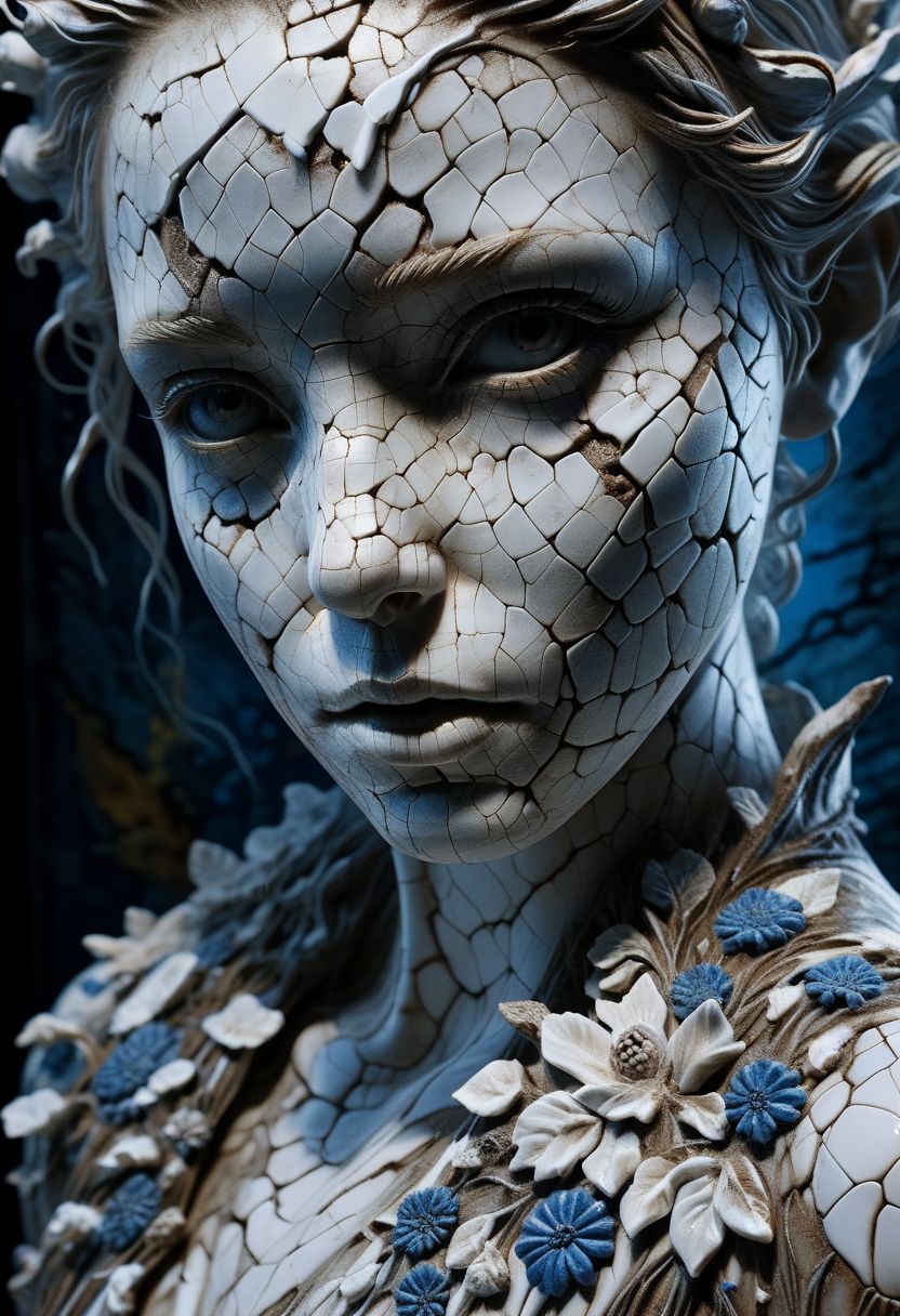 Close-up porcelain face, mysterious silhouette of a porcelain woman in worn down porcelain clothing, white and blue porcelain, alluring goddess, by Minjae Lee, Carne Griffiths, Emily Kell, Steve McCurry, Geoffroy Thoorens, Aaron Horkey, Jordan Grimmer, Greg Rutkowski, amazing depth, double exposure, surreal, geometric patterns, intricately detailed, bokeh,  perfect balanced, deep fine borders, artistic photorealism , smooth,  great masterwork by Suiras  <lora:add-detail-xl:2>  <lora:Double_Exposure:0.5>