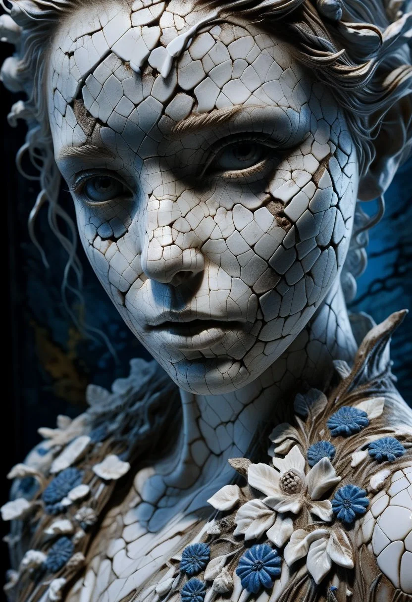 Close-up porcelain face, mysterious silhouette of a porcelain woman in worn down porcelain clothing, white and blue porcelain, alluring goddess, by Minjae Lee, Carne Griffiths, Emily Kell, Steve McCurry, Geoffroy Thoorens, Aaron Horkey, Jordan Grimmer, Greg Rutkowski, amazing depth, double exposure, surreal, geometric patterns, intricately detailed, bokeh, perfect balanced, deep fine borders, artistic photorealism , smooth, great masterwork by Suiras <lora:add-detail-xl:2> <lora:Double_Exposure:0.5>