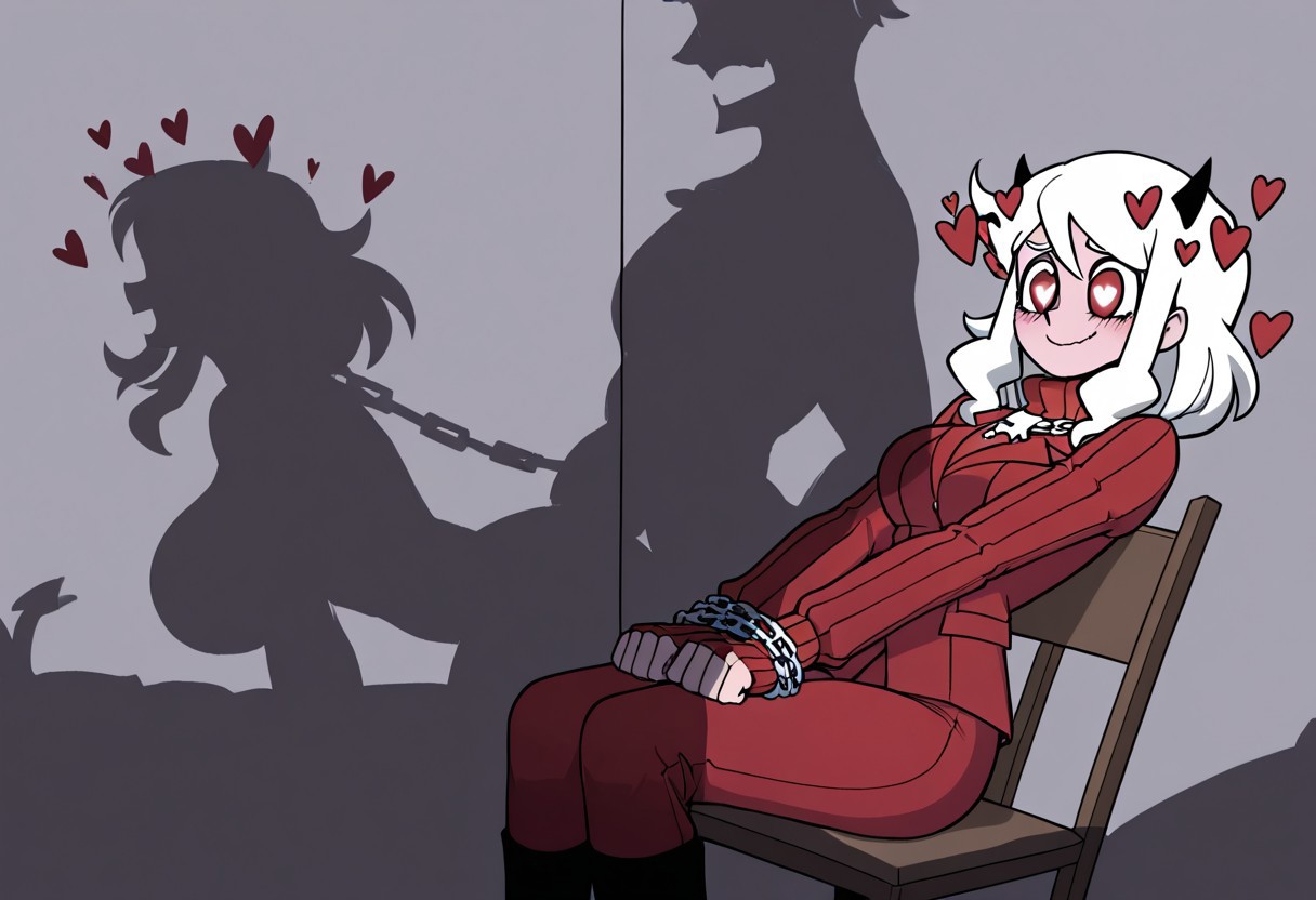 masterpiece, best quality, newest, absurdres, highres, anime, anime style, CCH-IL.V1.0-SH, implied sex, silhouette, shadow, chair, sitting on chair, sitting, silhouette sex, silhouetteSex-IL-V1.0, silhouette, shadow,
BREAK 1girl, modeus (helltaker), white hair, horns, hearts, symbol shaped pupils, chains, chained, chain around weist, white chain, smile, smug,