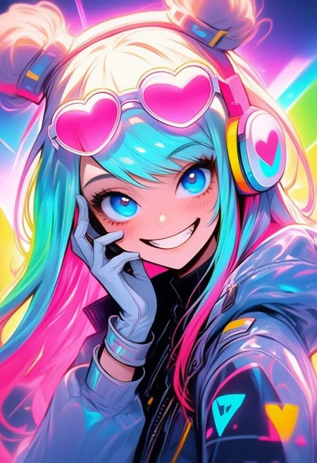 a little girl with colorful hair wearing white gloves and headphones that have hearts all over them, 1girl, smile, solo, heart, eyewear on head, grin, looking at viewer, jacket, jewelry, blue eyes, long hair, Expressiveh
