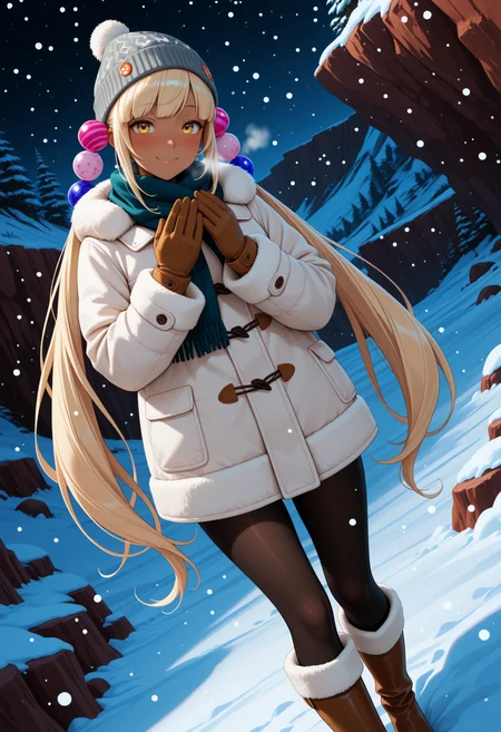 masterpiece, best quality, 1girl, solo, S4n4, dark skin, yellow eyes, blonde hair, very long hair, twintails, planet hair ornament, beanie, scarf, winter clothes, winter coat, fur coat, fur trim, gloves, pantyhose, knee boots, dutch angle, blush, heavy breathing, smile, looking at viewer, outdoors, nature, rock, cliff, snowing, snow, <lora:ChamTsukumoSanaNoob:1>
