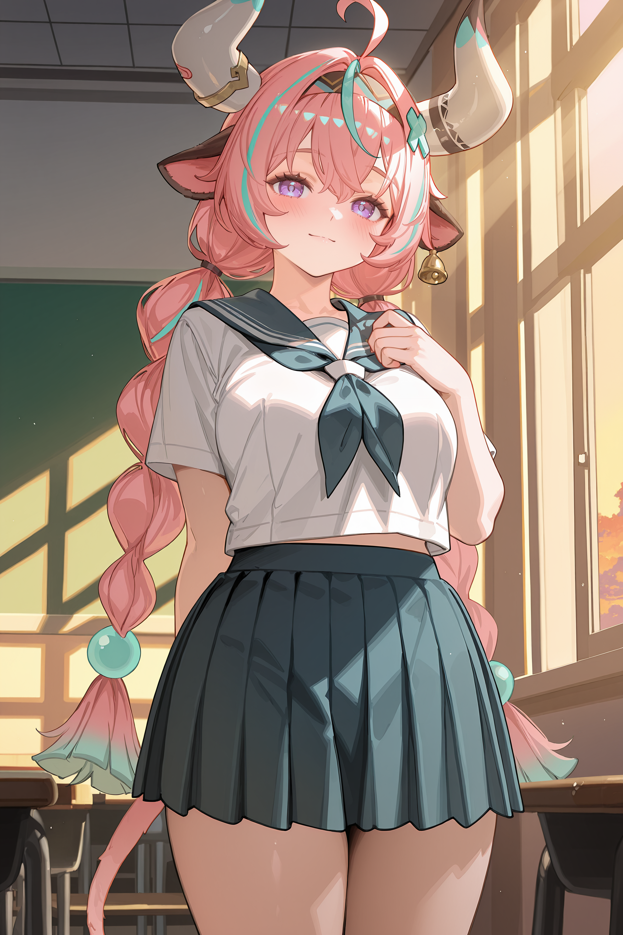 1girl, solo, varesa \(genshin impact\), plump, tail, twin braids, solo, school uniform, serafuku, cowboy shot, sunbeam, sunset, classroom, indoors, window, light smile, blush, looking at viewer, facing viewer <lora:Char-Genshin-Varesa-V1-IL:0.9:hr=0.6>, plump, kanzaki hiro, ciloranko, alphonse \(white datura\), (ask \(askzy\), gomzi, you shimizu: 0.7)
masterpiece, best quality, amazing quality, very aesthetic, absurdres, newest, (scenery, volumetric lighting), ray tracing, (bloom:1.4), cinematic