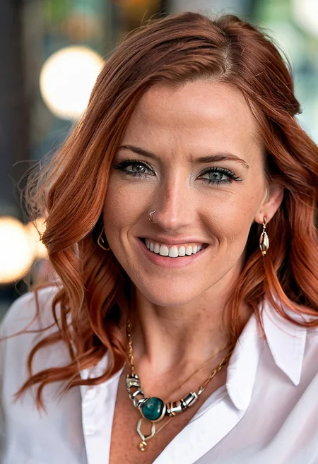 (super-high resolution), (intricate detail), (highest quality), nsfw, brtny woman, white blouse necklace, earrings, bangles, glossy lips, eyeliner, BREAK, professional modelling photography, high quality camera, skim blemishes, smile, red hair<lora:LowRA:0.3>