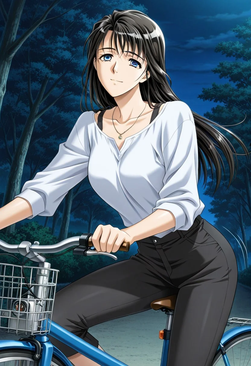 general,highres, ultra-detailed,very aesthetic,best quality ,best hands,masterpiece, best quality, newest, highres, score_9, score_8_up, score_7_up, source_anime, rating_explicit,1girl, yokota mamoru style,motion lines,Very straight nose,slim,slender face,perfect nose
Kamiyama Natsuko,Black Hair, Long Hair, Straight Hair,Blue Eyes, Tareme Eyes,Slim,Necklace,,tree
,1girl, black hair, long hair,night, a young woman is riding a bicycle. Capri Pants, Shirt,solo,from side