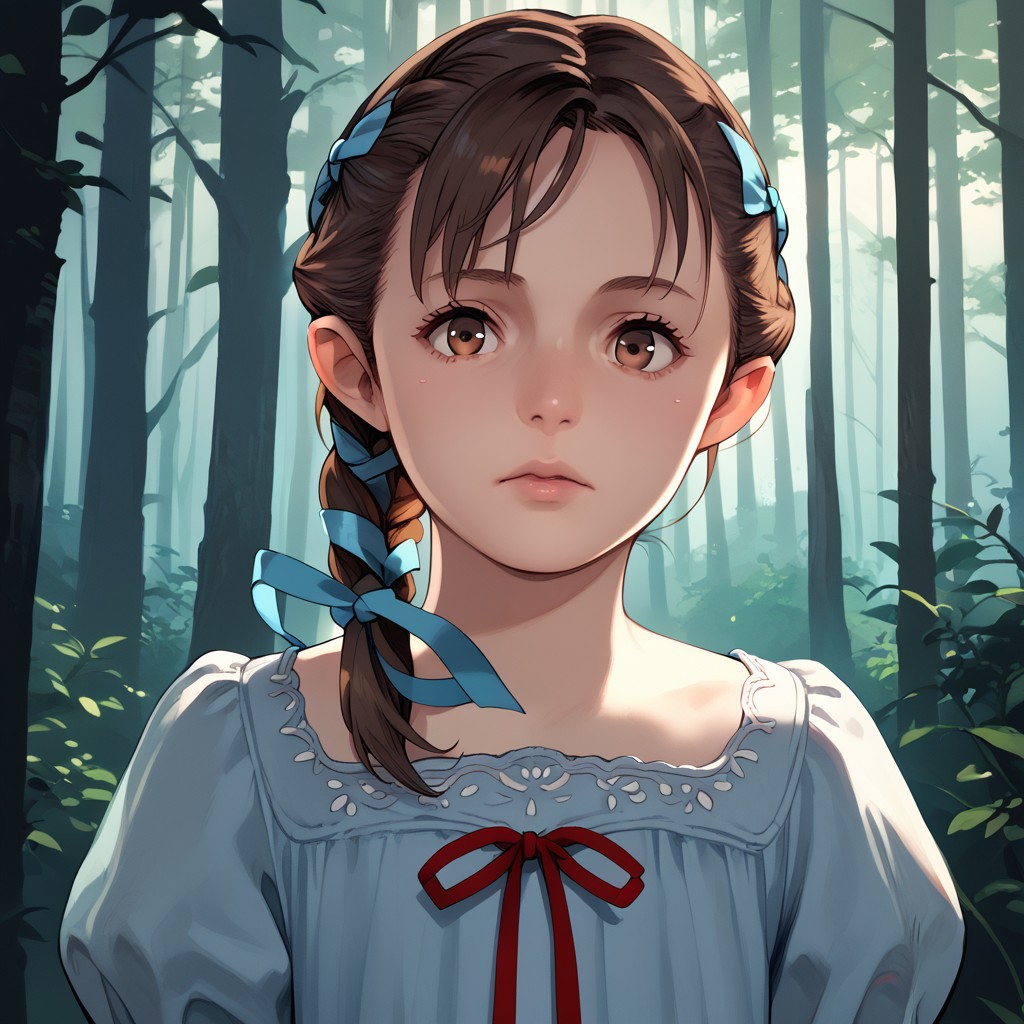 score_9, score_8_up, score_7_up, score_6_up, natalia-korda, resident evil, 1girl, dress, ribbon, brown eyes, brown hair, lips, braid, upper body, forest, face focus