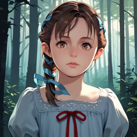 score_9, score_8_up, score_7_up, score_6_up, natalia-korda, resident evil, 1girl, dress, ribbon, brown eyes, brown hair, lips, braid, upper body, forest, face focus