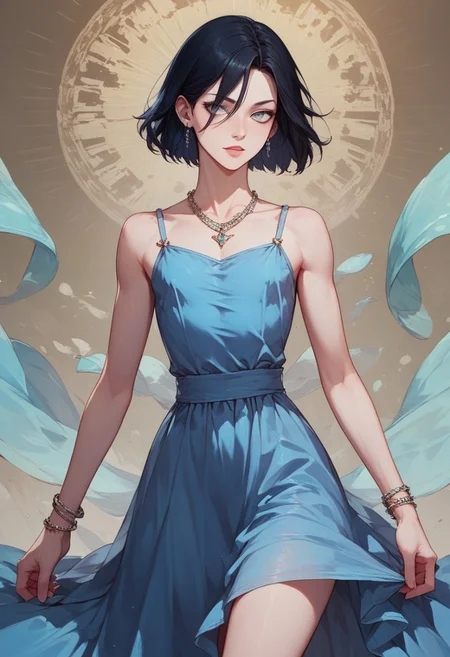 score_9, score_8_up, score_7_up, 1boy, femboy, otoko no ko, short hair, bob cut hair, black hair, grey eyes, gray eyes, feminine face, toned body, Shelly, camisole dress, loose dress, silk dress, blue dress, earrings, necklace, bracelet, elegant, flowing, highly detailed, intricate, zzCitronCAT, flirty expression, walking pose, cowboy shot, looking at viewer, modelshoot, abstract background, solo