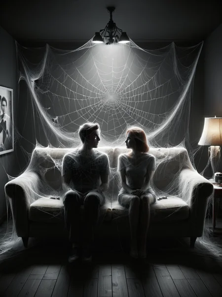 ais-webz couple, sitting on the sofa watching a black and white movie, dark room <lora:Cobweb_Style_SDXL:1>