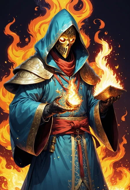 masterpiece illustration, detailed, hires, bard, tetsubo starlight robes, hood, , acid spray trap, positive,flaming,festive,hollow,controlled,undulating,effulgent,fire