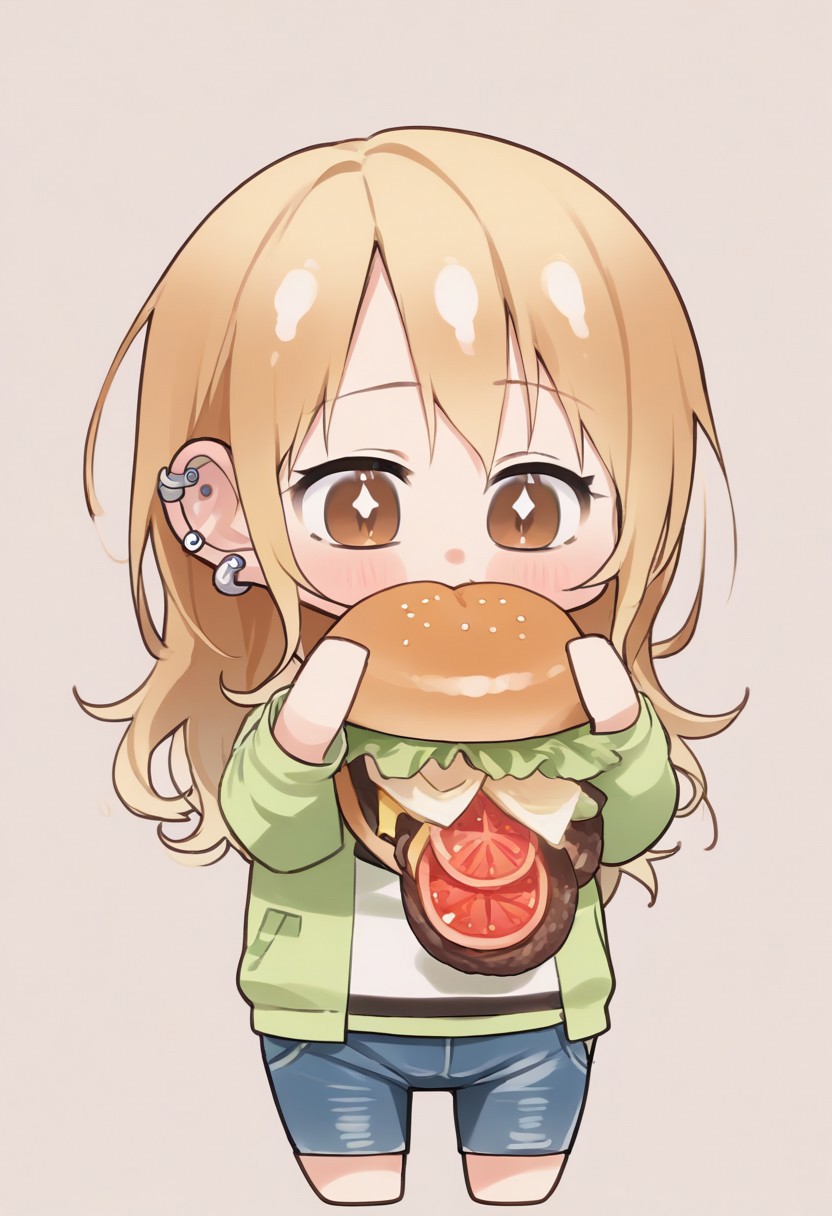 score_9, score_8_up, score_7_up, score_6_up, score_5_up, score_4_up, detailed eyes, detailed skin, source_anime, source_anime, masterpeice, best quality, very aesthetic, absurdres, BREAK, <lora:Burger_Malfunction-PonyXL-1024px:0.8>, <lora:SayaEndoXL:0.8>, 1girl, sayaendo, brown eyes, blonde hair, long hair, hairclip, ear piercing, sanpaku, hoodie, jeans, denim pants, 1girl, solo, (chibi:1.8), eating, holding food, burger, burger_malfunction, long white hair,  tomato, cucumber, ketcup, mustard, salad,