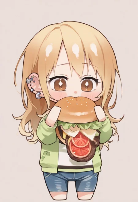 score_9, score_8_up, score_7_up, score_6_up, score_5_up, score_4_up, detailed eyes, detailed skin, source_anime, source_anime, masterpeice, best quality, very aesthetic, absurdres, BREAK, <lora:Burger_Malfunction-PonyXL-1024px:0.8>, <lora:SayaEndoXL:0.8>, 1girl, sayaendo, brown eyes, blonde hair, long hair, hairclip, ear piercing, sanpaku, hoodie, jeans, denim pants, 1girl, solo, (chibi:1.8), eating, holding food, burger, burger_malfunction, long white hair, tomato, cucumber, ketcup, mustard, salad,