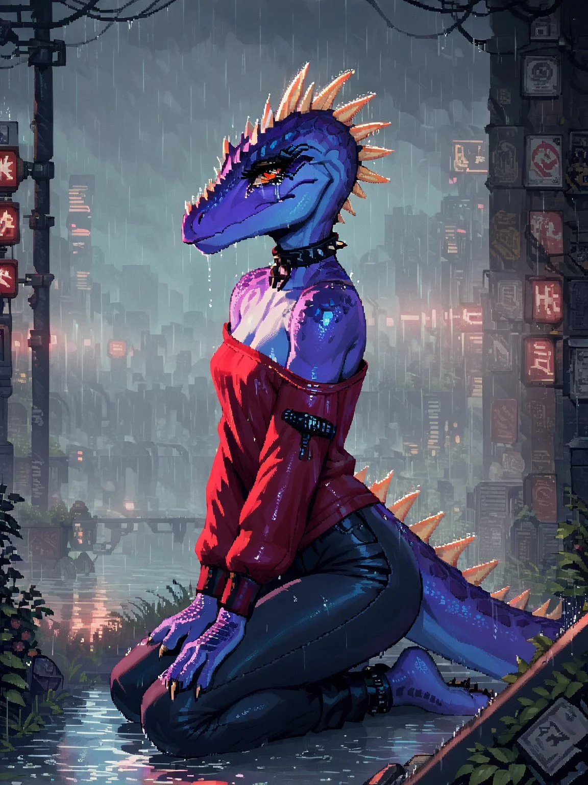 (score_9, score_8_up), score_7_up, score_6_up, score_5_up, score_4_up, source_furry
Tryx, small breast, dinosaur, purple skin, orange eyes, eyelashes, black trousers, red shirt, red sleeves, black collar on the shirt, bare shoulders, black tie, spikes on the head, scales, black circles around the eyes, black collar, d3p1x3l, pixel art, 1girl,alone,kneeling,crying,cyberpunk city,girl on top of a hill, rain, wet, wet surface, sad face, side view <lora:Rain (pony) v1:1><lora:d3p1x3lXLP:1>
<lora:Tryx_XL:0.9>