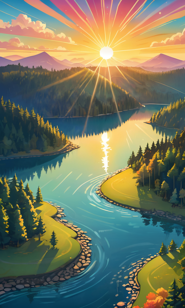 4n1v3rs3, zPDXL2, a high resolution cartoon style Illustration of Aerial view of sunrise over a serene lake surrounded by rolling hills and dense forests. The sun rises above the horizon, casting a soft glow over the water, rendered in a colorful cartoon style, with bright colors and clear lines , well detailed, colorful, eye pleasing, SimplePositiveXLv2, <lora:add-detail-xl:2>