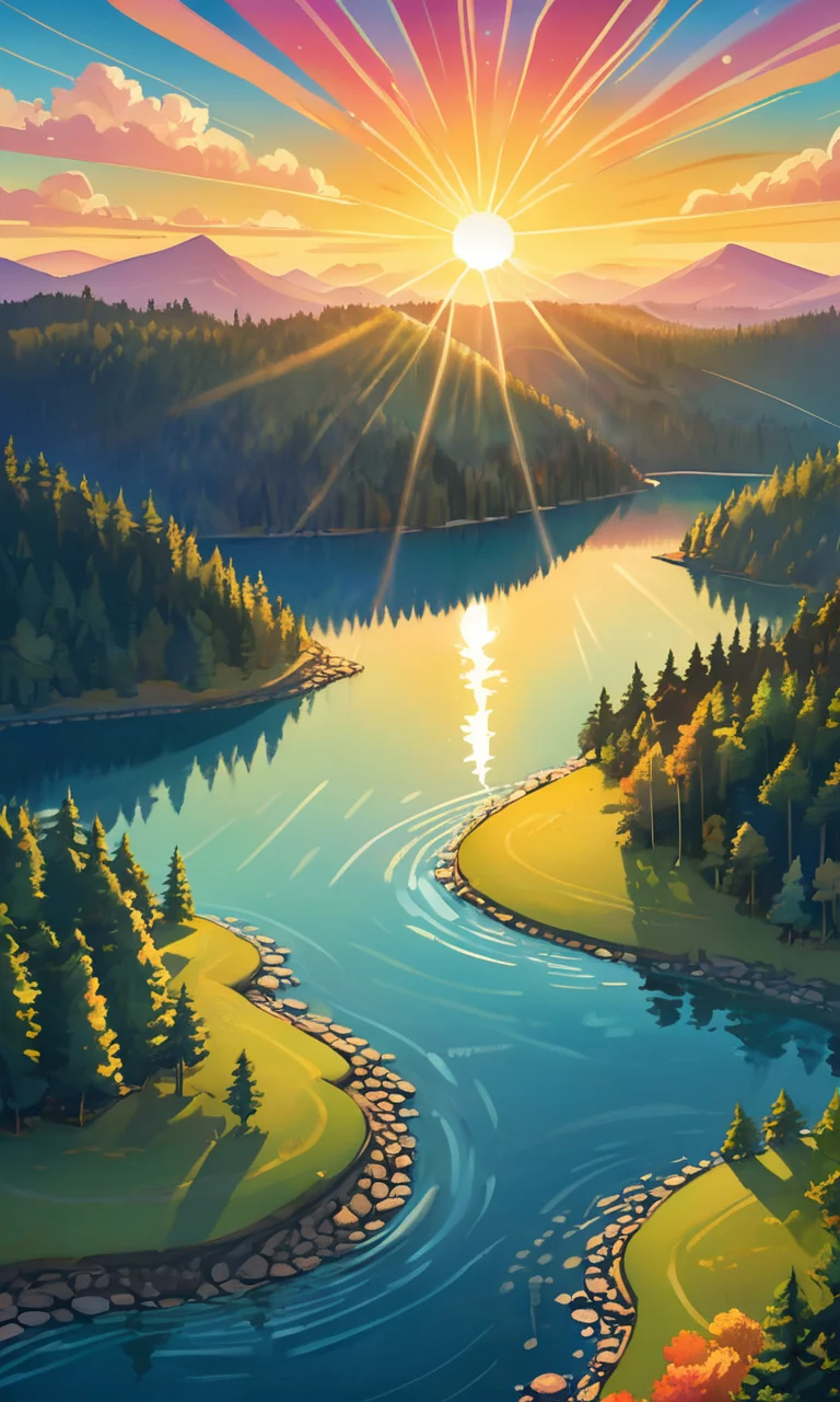 4n1v3rs3, zPDXL2, a high resolution cartoon style Illustration of Aerial view of sunrise over a serene lake surrounded by rolling hills and dense forests. The sun rises above the horizon, casting a soft glow over the water, rendered in a colorful cartoon style, with bright colors and clear lines , well detailed, colorful, eye pleasing, SimplePositiveXLv2, <lora:add-detail-xl:2>